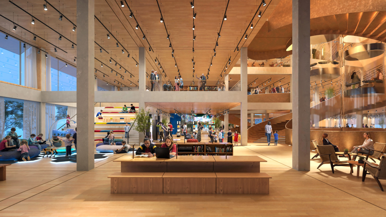 Mit dem „Haus der Digitalen Welt“, das unter anderem von den Bücherhallen und der Volkshochschule getragen wird, soll ein Ort der Begegnung und Innovation am Gerhart-Hauptmann-Platz geschaffen werden. Hier das geplante Atrium.
