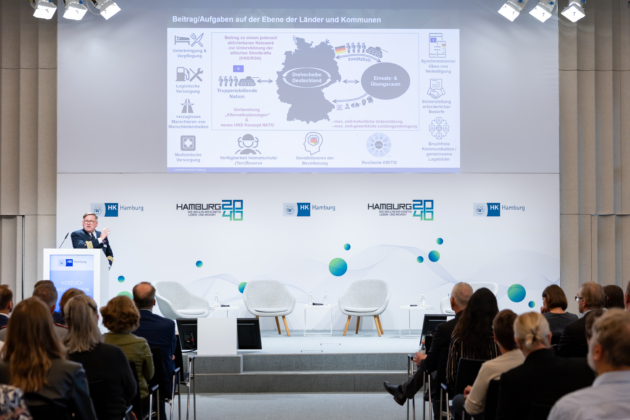 Bei der Handelskammer-Veranstaltung „Der Europäische Verteidigungsfonds: EU-Fördermittel sichern. Innovation finanzieren. Resilienz stärken.“ sprach Kapitän zur See Kurt Leonards (Kommandeur Landeskommando Hamburg) zum Thema „Deutschland: Nicht im Krieg – nicht mehr im Frieden“.