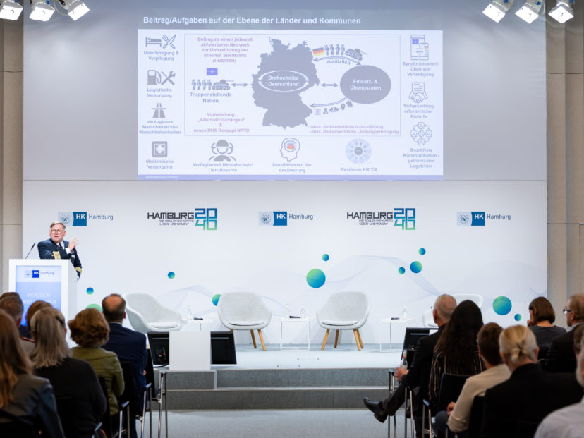 Bei der Handelskammer-Veranstaltung „Der Europäische Verteidigungsfonds: EU-Fördermittel sichern. Innovation finanzieren. Resilienz stärken.“ sprach Kapitän zur See Kurt Leonards (Kommandeur Landeskommando Hamburg) zum Thema „Deutschland: Nicht im Krieg – nicht mehr im Frieden“.