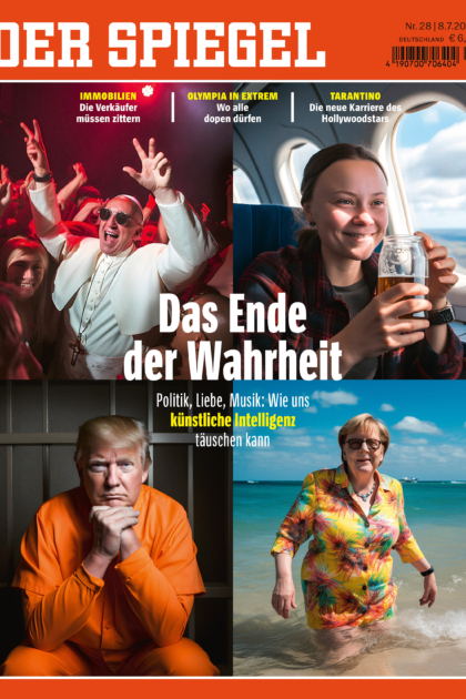 Der „SPIEGEL“ vom 8. Juli 2023 zeigt einen Titel mit vier Bildern, die allesamt KI-generiert sind: ein tanzender Papst, Greta Thunberg mit Bier im Flieger, Donald Trump im Knast und eine badende Angela Merkel.