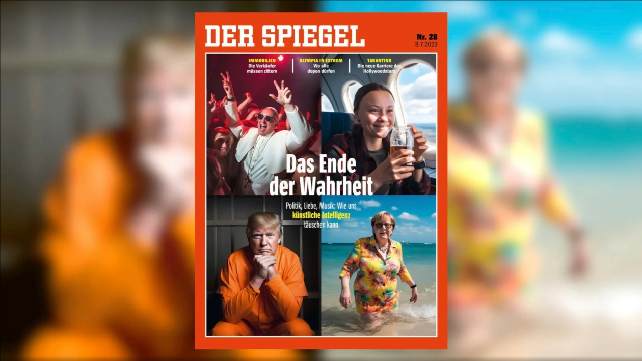 Der „SPIEGEL“ vom 8. Juli 2023 zeigt einen Titel mit vier Bildern, die allesamt KI-generiert sind: ein tanzender Papst, Greta Thunberg mit Bier im Flieger, Donald Trump im Knast und eine badende Angela Merkel.