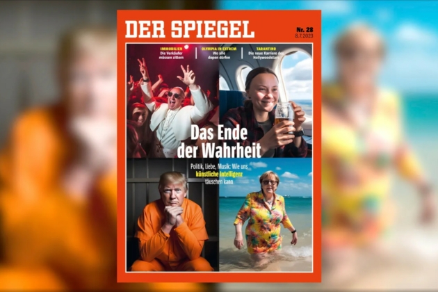 Der „SPIEGEL“ vom 8. Juli 2023 zeigt einen Titel mit vier Bildern, die allesamt KI-generiert sind: ein tanzender Papst, Greta Thunberg mit Bier im Flieger, Donald Trump im Knast und eine badende Angela Merkel.