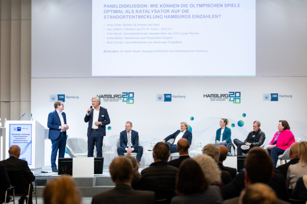 Paneldiskussion „Wie können die Olympischen Spiele optimal als Katalysator auf die Standortentwicklung Hamburgs einzahlen?“, mit Handelskammer-Hauptgeschäftsführer Dr. Malte Heyne als Moderator, Alexander Otto (ECE Group), Senator Andy Grote, Peter Merck (Golf Lounge Resort), Para-Kanutin und Paralympics-Siegerin Edina Müller, Oke Göttlich (Präsident des FC St. Pauli) und Berit Schmitz (Flughafen Hamburg, v. li.)