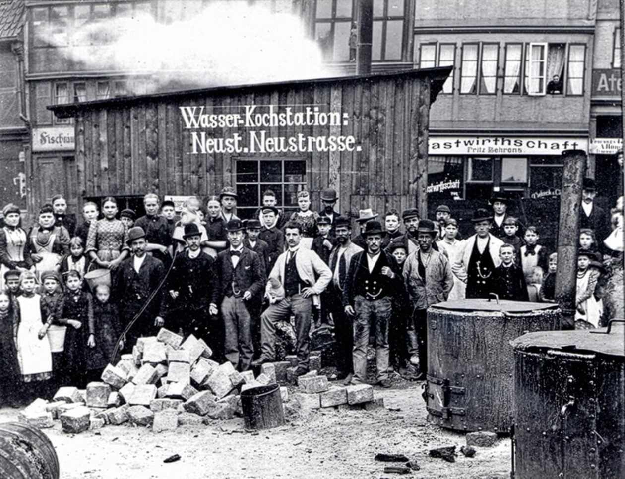 Zur Bekämpfung der Cholera-Epidemie 1892 richtete die Stadt unter anderem Wasserkochstationen wie hier in der Neustädter Straße ein.