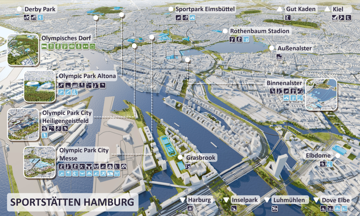 Das Hamburger Olympia-Konzept will die Infrastruktur stärken und das Potenzial vorhandener Orte für die Spiele nutzen – etwa die Dove Elbe oder das Heiligengeistfeld. Modernisierte Sporthallen stehen später dem Breitensport zur Verfügung.