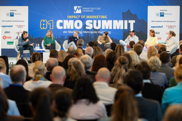 Podiumsdiskussion mit Michael Fritz (Viva con Agua), Kristian Meinken (pilot Agenturgruppe), Julia Offen (Handelskammer Hamburg), Alexa Schilz (Montblanc), Michael Götz (Gustavo Gusto), Nataly Bombeck (Elbphilharmonie), Moderatorin Cordula Schmitz (Hamburger Abendblatt, v. l. n. r.)